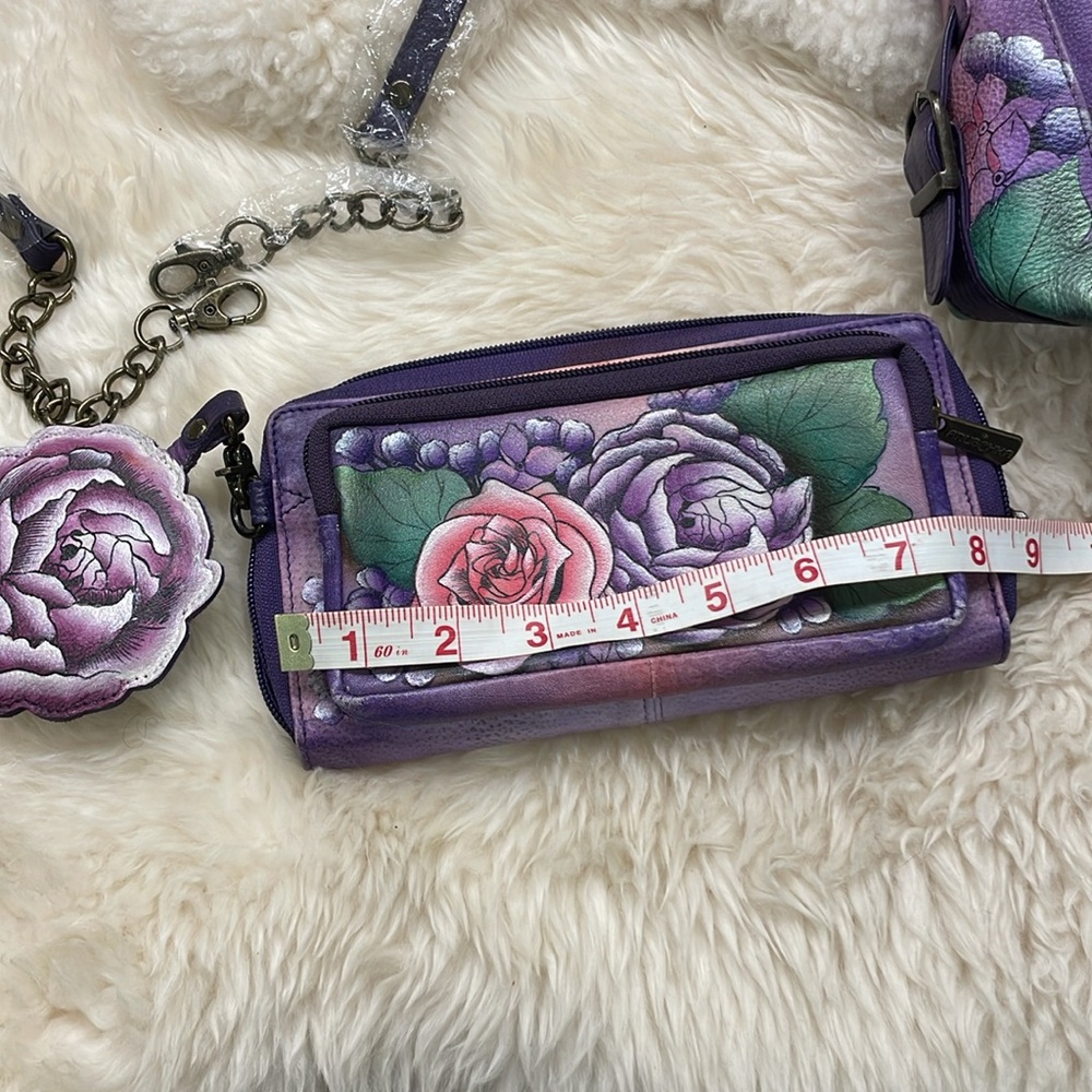Anuschka Floral Purple Handbag and Wallet Set with bag charm and eyeglass pouch - Picture 9 of 14